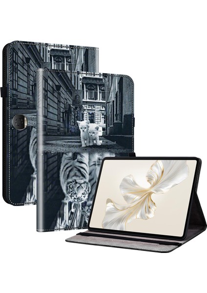Honor Pad 9 Kart Yuvası Kılıfı Desen Baskı Pu Deri Tablet Kapağı-Kedi ve Kaplan Için (Yurt Dışından)