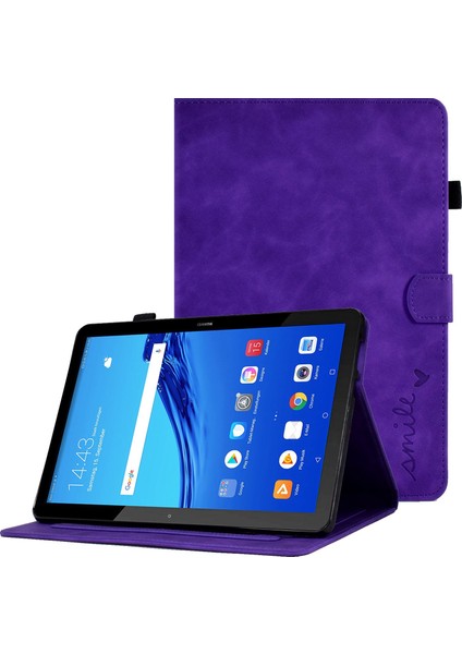 Huawei Mediapad T5 10.1 Desen Baskılı Akıllı Tablet Kılıfı Pu Deri Kart Yuvaları Folio Standı Kapak ile Kalem Tutucu-Mor (Yurt Dışından)