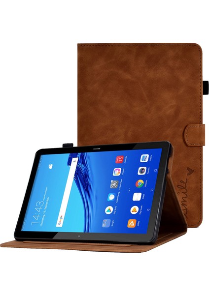 Huawei Mediapad T5 10.1 Desen Baskılı Akıllı Tablet Kılıfı Pu Deri Kart Yuvaları Folio Standı Kapak ile Kalem Tutucu-Kahverengi (Yurt Dışından)