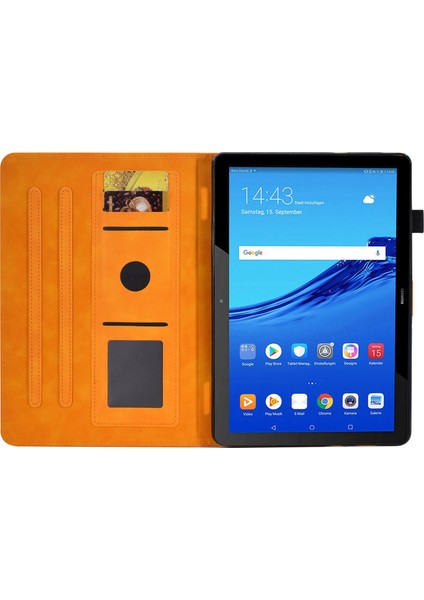 Huawei Mediapad T5 10.1 Desen Baskılı Akıllı Tablet Kılıfı Pu Deri Kart Yuvaları Folio Standı Kapak ile Kalem Tutucu-Turuncu (Yurt Dışından)