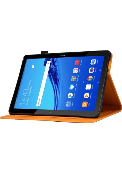Huawei Mediapad T5 10.1 Desen Baskılı Akıllı Tablet Kılıfı Pu Deri Kart Yuvaları Folio Standı Kapak ile Kalem Tutucu-Turuncu (Yurt Dışından)