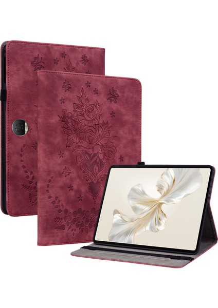 Honor Pad 9 Kılıf Kart Tutuculu Gül Çiçek Baskılı Deri Koruyucu Kapak-Kırmızı (Yurt Dışından)