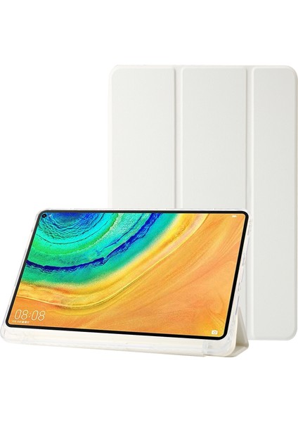 Huawei Matepad Pro 10.8(2021)KILIF Üç Katlı Stand Deri+Tpu+Akrilik Şeffaf Arka Kapak-Beyaz (Yurt Dışından)