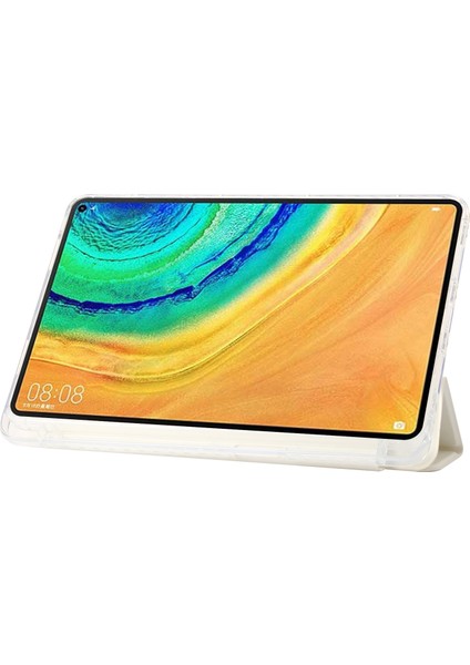 Huawei Matepad Pro 10.8(2021)KILIF Üç Katlı Stand Deri+Tpu+Akrilik Şeffaf Arka Kapak-Beyaz (Yurt Dışından)