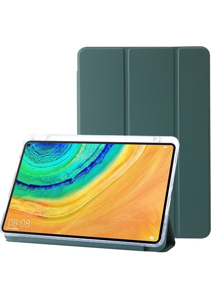 Huawei Matepad Pro 10.8(2021) Için Kılıf Üç Katlı Stand Deri+Tpu+Akrilik Şeffaf Arka Kapak-Siyahımsı Yeşil (Yurt Dışından)