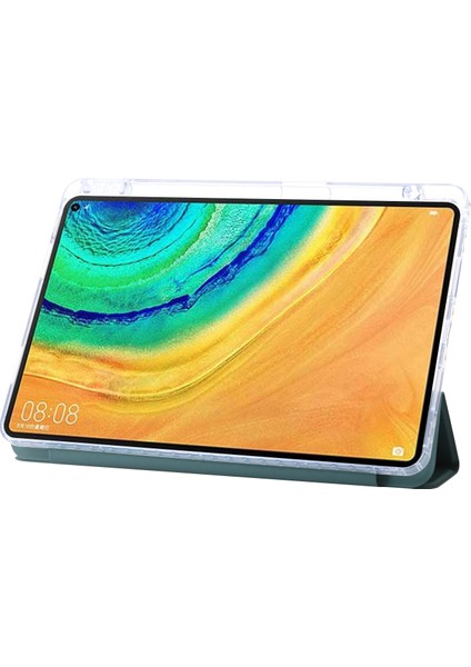 Huawei Matepad Pro 10.8(2021) Için Kılıf Üç Katlı Stand Deri+Tpu+Akrilik Şeffaf Arka Kapak-Siyahımsı Yeşil (Yurt Dışından)