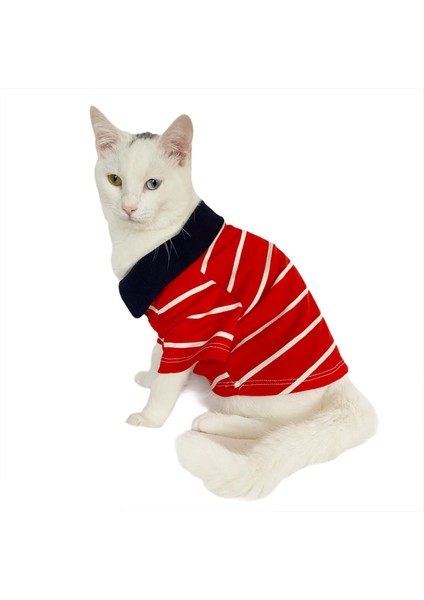Red Stripe Elegance Polo Yaka Tişört Kedi Kıyafeti Kedi Elbisesi