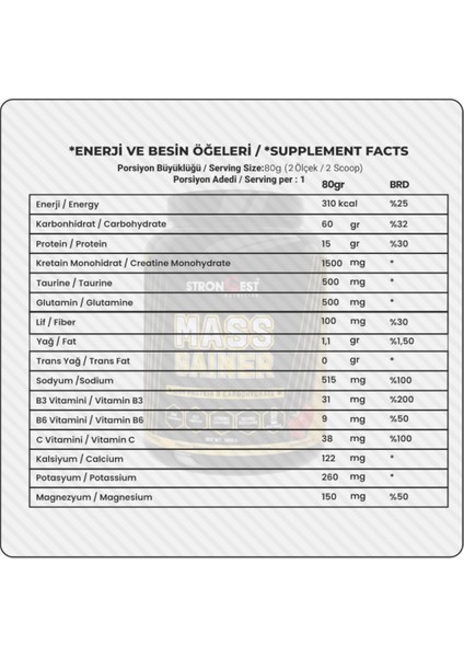 Mass Gainer 1600Gr Yüksek Protein Değerli, Kreatin ve Amino Asit Takviyeli