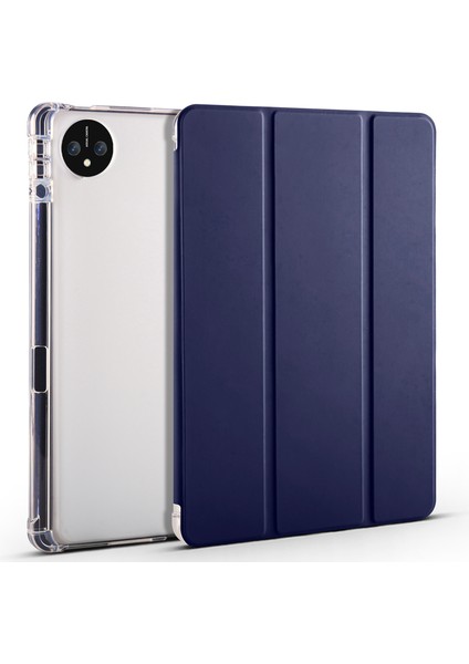 Huawei Matepad Pro 11(2024)ÜÇ Katlı Standlı Deri Kılıf Kalem Yuvalı Şeffaf Arka Kapak-Koyu Mavi (Yurt Dışından)