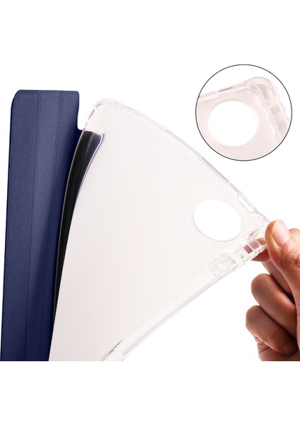 Huawei Matepad Pro 11(2024)ÜÇ Katlı Standlı Deri Kılıf Kalem Yuvalı Şeffaf Arka Kapak-Koyu Mavi (Yurt Dışından)