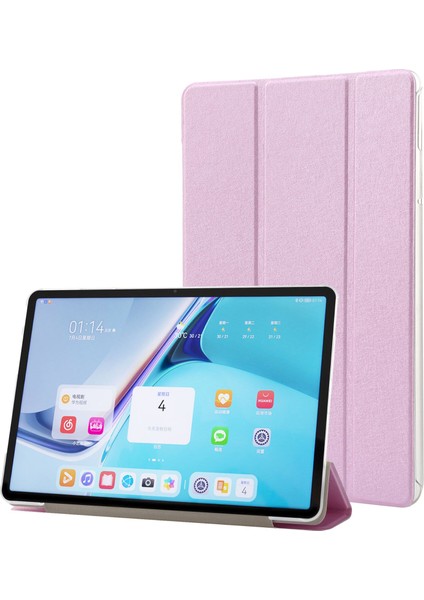 Huawei Matepad Pro 11(2022)İPEK Doku Koruyucu Kılıf Pu Deri Üç Katlı Stand Folyo Kapak-Pembe (Yurt Dışından)