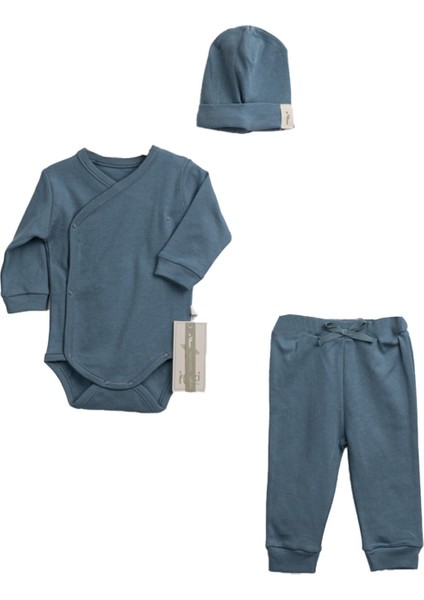 Unisex Mavi Zıbınlı Bereli 3'lü Takım