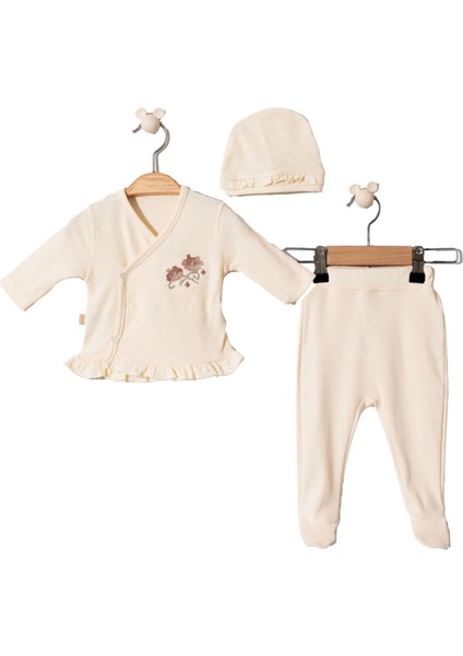 Kız Bebek Ekru Kanaviçe Çicek Nakışlı Fırfırlı Bereli Patikli 3'lü Takım