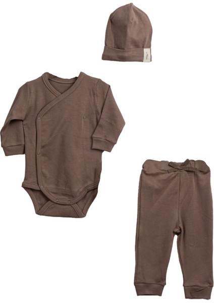 Unisex Kahve Zıbınlı Bereli 3'lü Takım