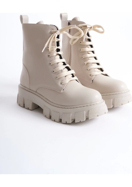 Abra Bej Deri Bağcıklı Yandan Fermuarlı Kadın Postal Bot