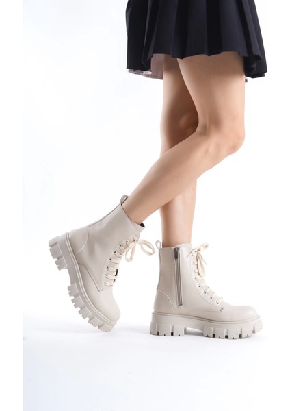 Abra Bej Deri Bağcıklı Yandan Fermuarlı Kadın Postal Bot modelleri