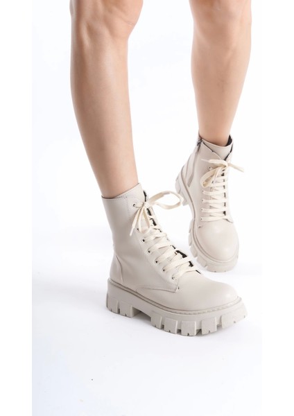 Abra Bej Deri Bağcıklı Yandan Fermuarlı Kadın Postal Bot fırsatları