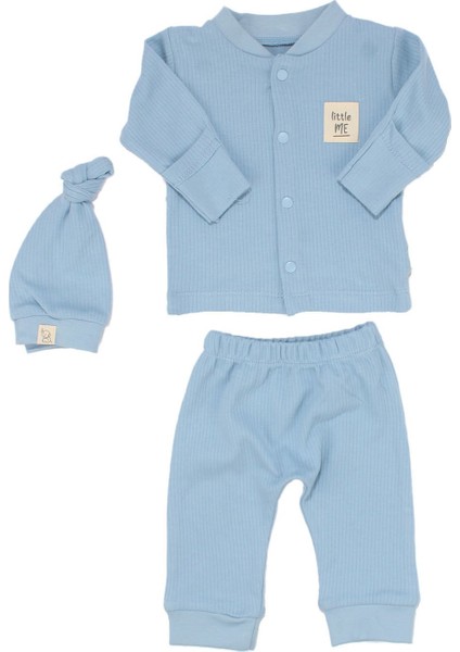 Unisex Mavi Fitilli Düğümlü Bereli Little Me Kendinden Eldivenli 3'lü Takım