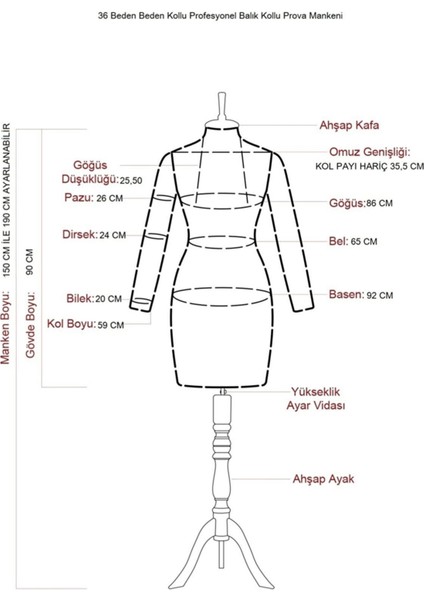 36 Beden Profesyonel Balık Kollu Prova Mankeni Terzi Mankeni