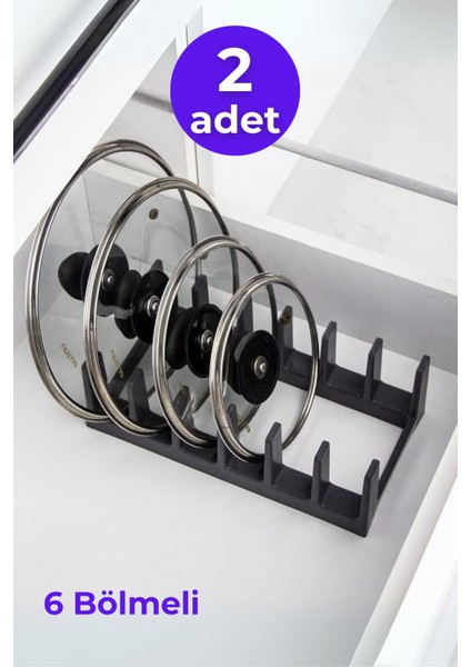 2 Adet Çok Amaçlı Tabak Tava Tencere Kapağı Düzenleyici-Plastik Çekmece Dolap Içi Düzenleyici Gri