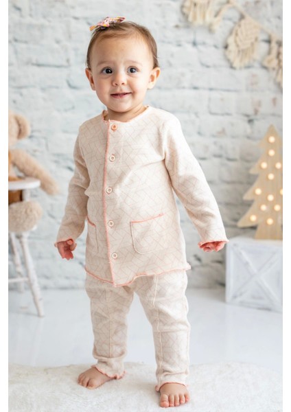 Pembe Ekru %100 Pamuk Hırka Pantolon Takım (3-24 Ay)