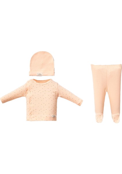 Kız Bebek Somon Çiçek Desenli Kendinden Eldivenli Bereli 3'lü Takım