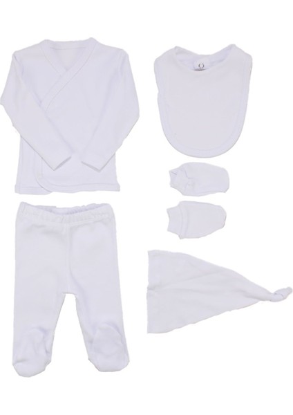 Unısex Beyaz Bağlamalı Şapkalı 5'li Hastane Çıkış Seti