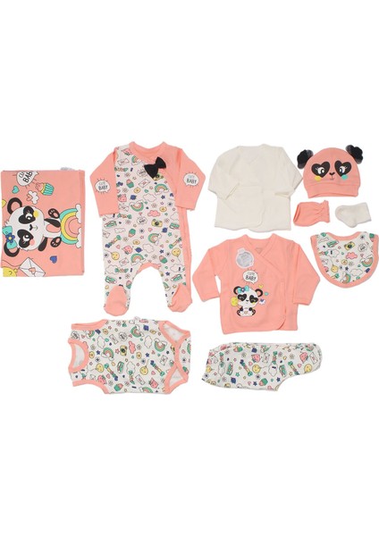 Kız Bebek Somon Beyaz Cute Baby Yazılı Panda Baskılı 10 Parça Hastane Çıkış Seti