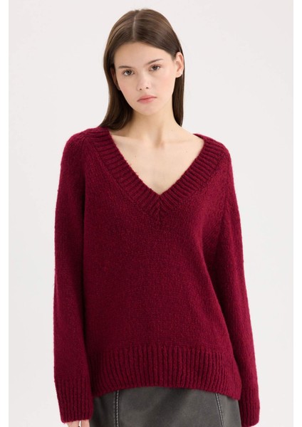 Oversize Geniş Kalıp V Yaka Basic Düz Bordo Triko Kazak A3264AX24CW