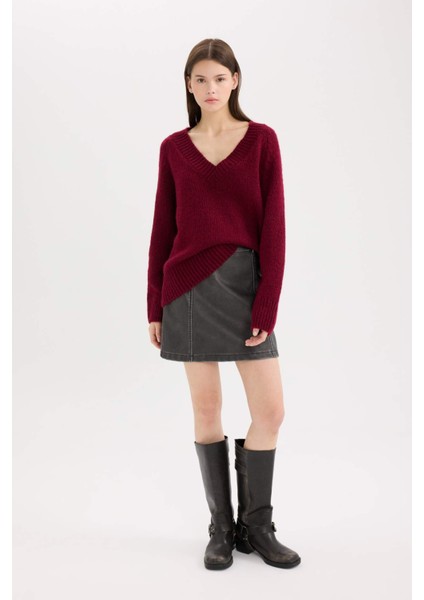 Oversize Geniş Kalıp V Yaka Basic Düz Bordo Triko Kazak A3264AX24CW