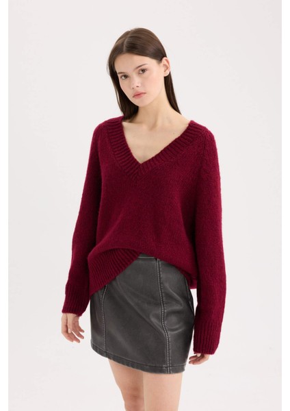 Oversize Geniş Kalıp V Yaka Basic Düz Bordo Triko Kazak A3264AX24CW