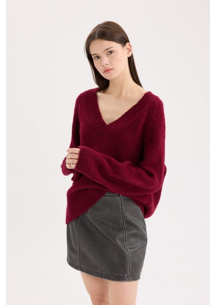 Oversize Geniş Kalıp V Yaka Basic Düz Bordo Triko Kazak A3264AX24CW