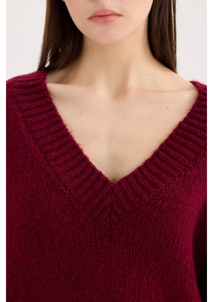 Oversize Geniş Kalıp V Yaka Basic Düz Bordo Triko Kazak A3264AX24CW