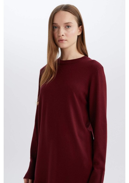 Regular Fit Bisiklet Yaka Yırtmaçlı Basic Düz Triko Kazak Tunik H3431AZ24AU