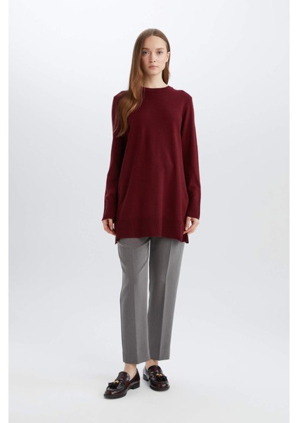 Regular Fit Bisiklet Yaka Yırtmaçlı Basic Düz Triko Kazak Tunik H3431AZ24AU fiyatları