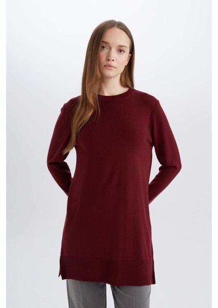 Regular Fit Bisiklet Yaka Yırtmaçlı Basic Düz Triko Kazak Tunik H3431AZ24AU modelleri