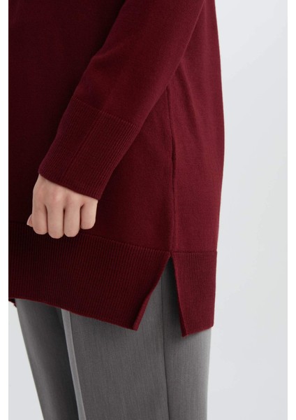 Regular Fit Bisiklet Yaka Yırtmaçlı Basic Düz Triko Kazak Tunik H3431AZ24AU indirimleri