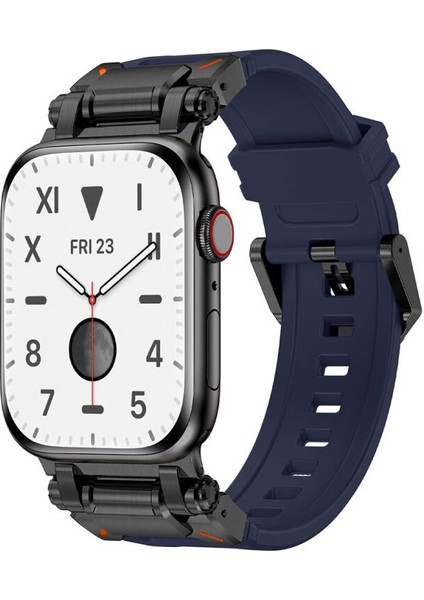 Watch 44MM Uyumlu Zore - KRD-101 Titanyum Metal Başlıklı Silikon Kordon-Siyah-Mavi