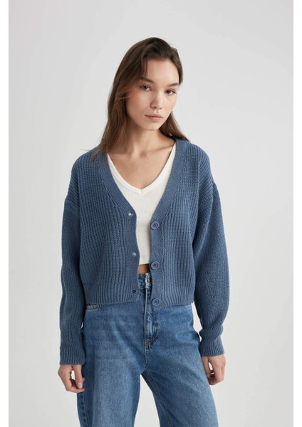 Kadın Mavi Regular Fit Düz Kesim V Yaka Basic Düz Akrilik Hırka B7867AXNS modelleri