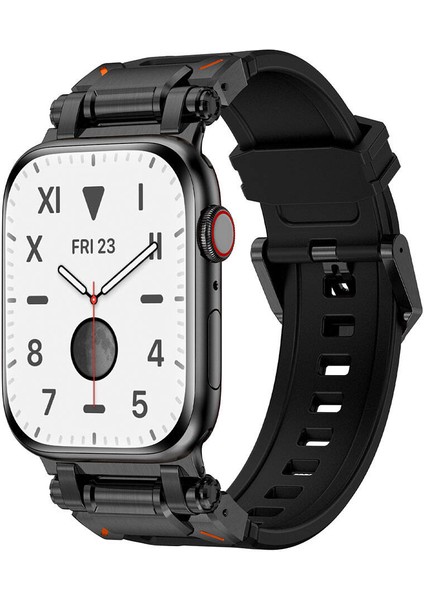 Apple Watch 7 45MM Uyumlu - KRD-101 Titanyum Metal Başlıklı Silikon Kordon-Siyah