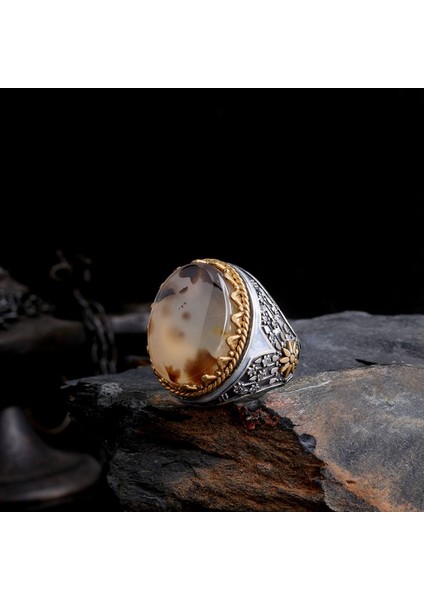 Şans Yonca Işlemeli Mineli 925 Ayar Erkek Gümüş Yüzük