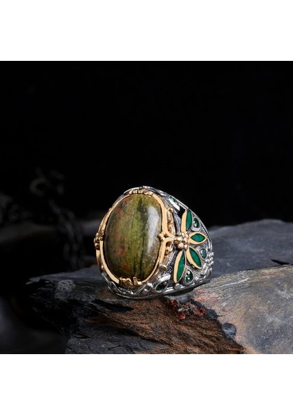 Yaprak Modelli Mineli 925 Ayar Erkek Gümüş Yüzük