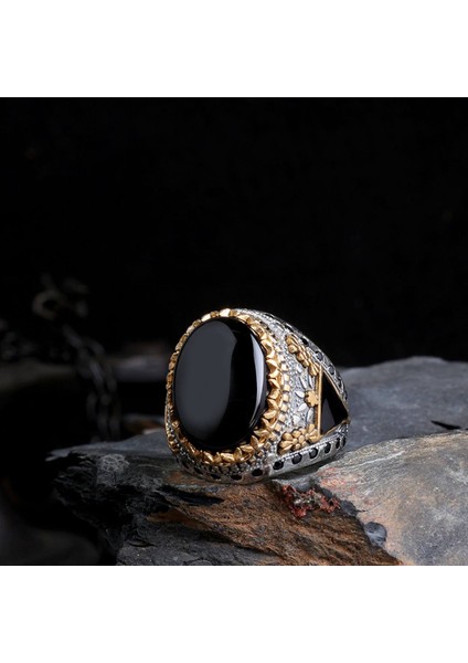 Üçgen Mineli Doğaltaşlı 925 Ayar Erkek Gümüş Yüzük