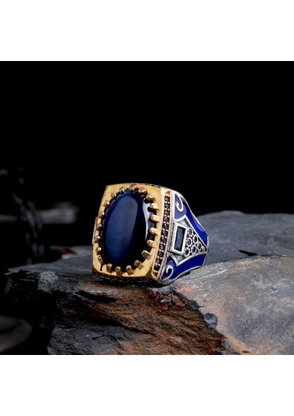 Kalkan Modelli Mineli 925 Ayar Erkek Gümüş Yüzük