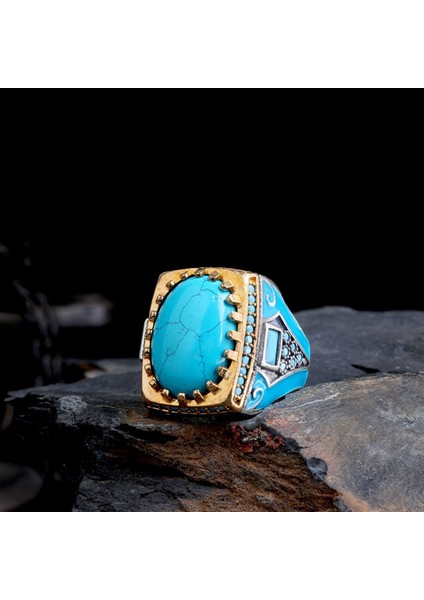 Kalkan Modelli Mineli 925 Ayar Erkek Gümüş Yüzük