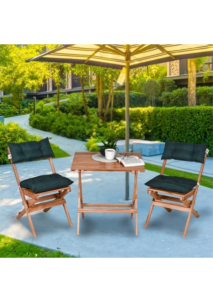 Ahşap Katlanır Puf Minderli 3 Lü Bistro Set Bahçe Takımı (Naturel-Yeşil)