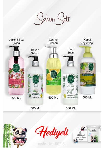 Sabun Paketi Çeşme Limonu, Keçi Sütlü, Japon Kiraz Çiçeği, Beyaz Sabun, Zeytinyağlı 500 ml ve Rosie
