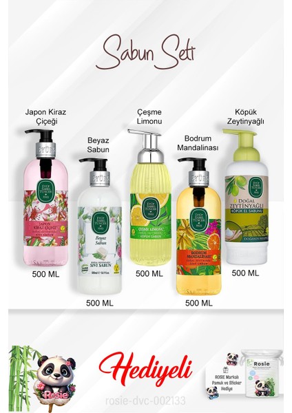 Sabun Paketi Bodrum Mandalinası, Çeşme Limonu, Japon Kiraz Çiçeği, Beyaz Sabun, Zeytinyağlı 500 ml ve Rosie