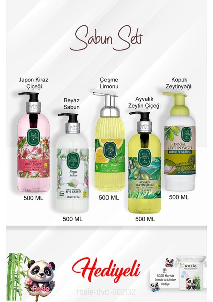 Sabun Paketi Ayvalık Zeytin Çiçeği, Çeşme Limonu, Japon Kiraz Çiçeği, Beyaz Sabun, Zeytinyağlı 500 ml ve Rosie