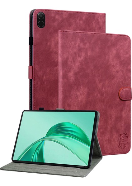 Honor Pad X8A Kılıfları Için Tiger Imprint Çizilmez Pu Deri Tablet Kapağı-Kırmızı (Yurt Dışından)